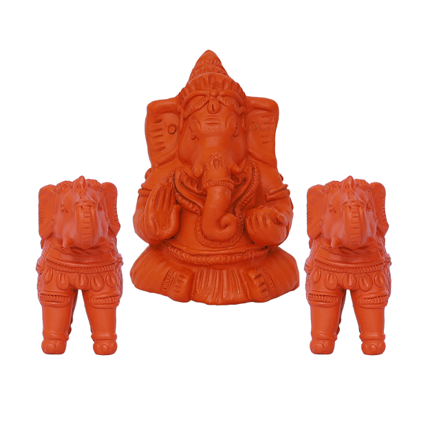 Ganesh Idol Big 13x16 cm and 2 Elephant Small 10x9 cm