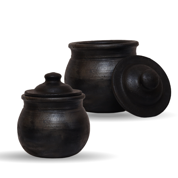Curd Pot with Lid - Black - pack of 2