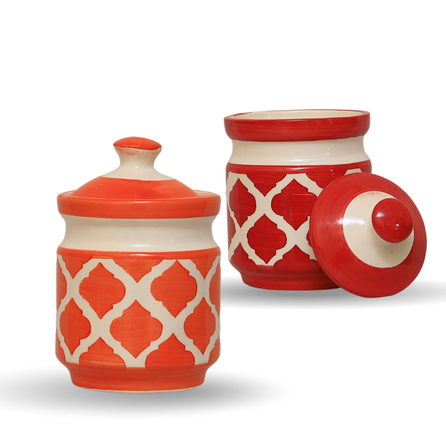 Pickle Jar with Lid - Ceramic orange and Red - pack of 2